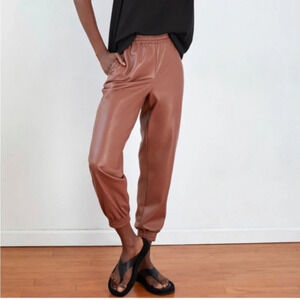 Babaton Zedel Vegan Leather Joggers Size Large, Cognac Color. Streetwear